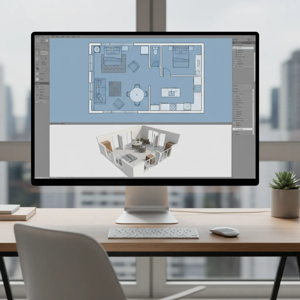 Sweet Home 3D interface showing interior layout and render preview