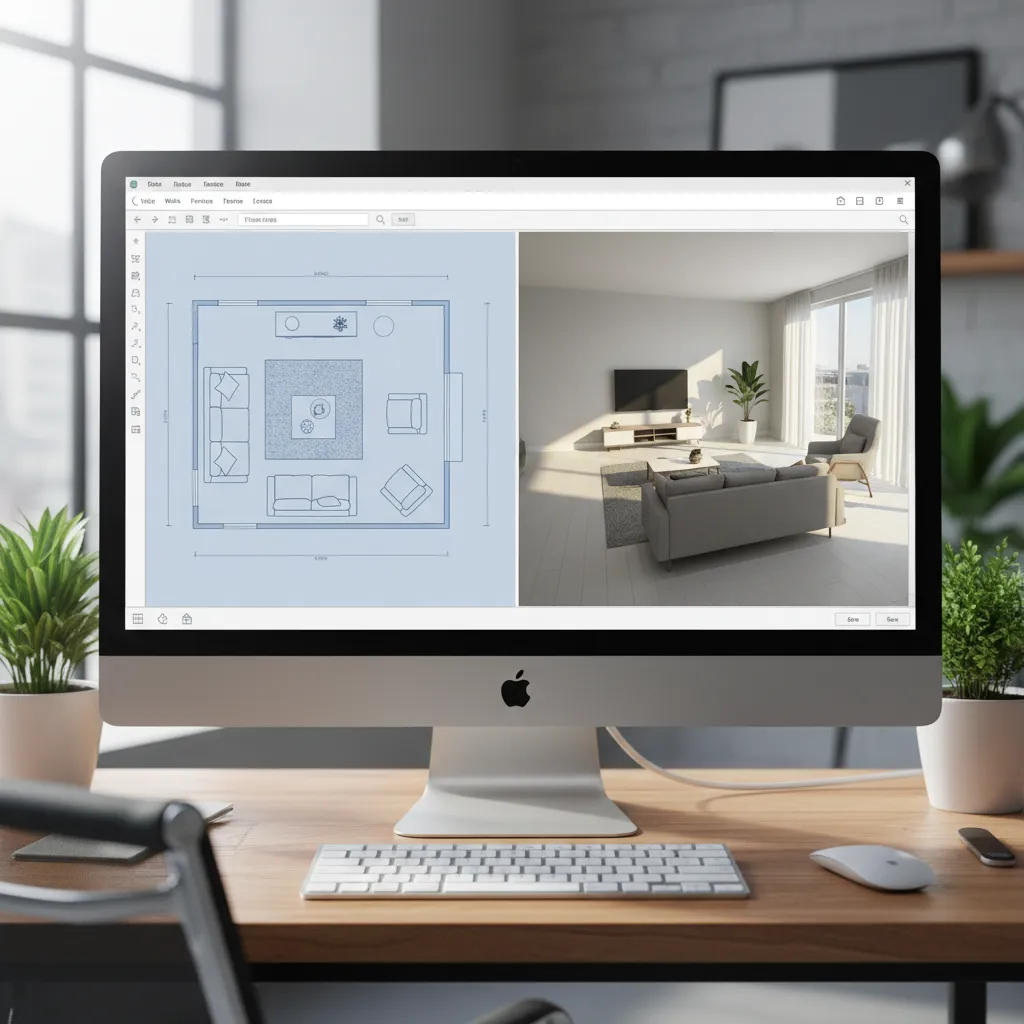 Interfaz sencilla de Sweet Home 3D con plano y vista 3D de una sala