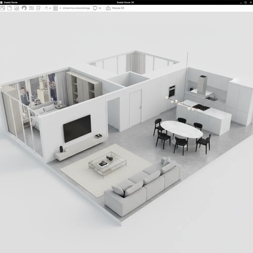 Large apartment layout being rendered in Sweet Home 3D preview window