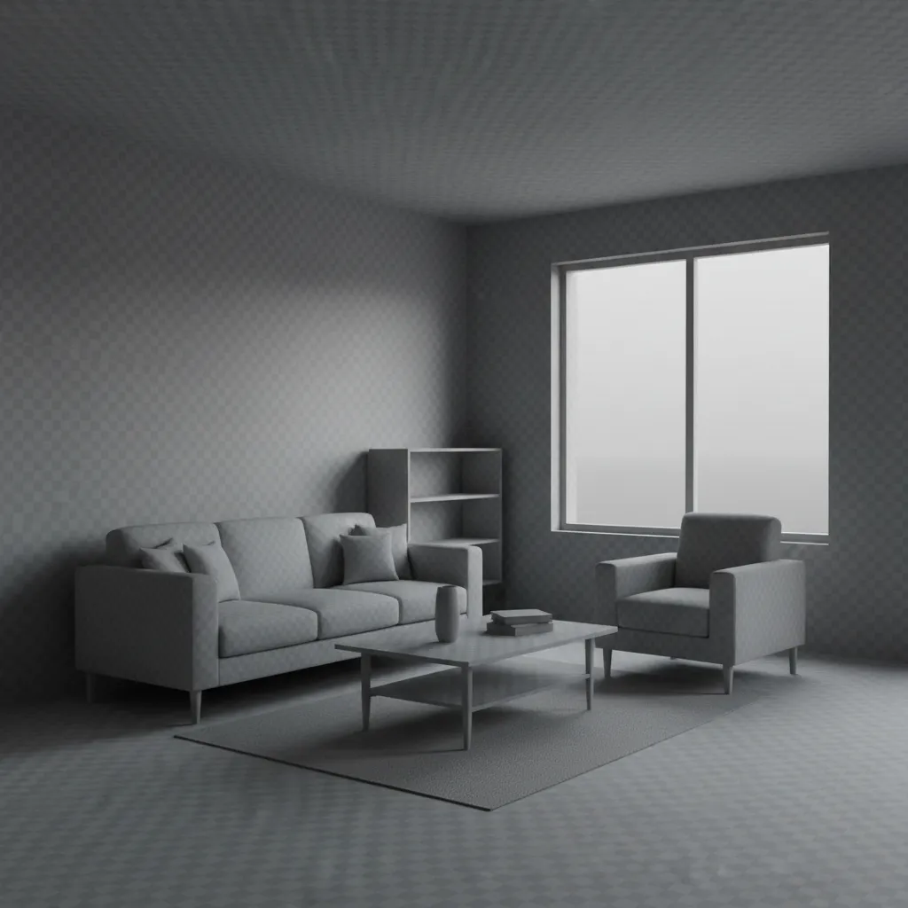 3D interior model showing missing textures with gray surfaces