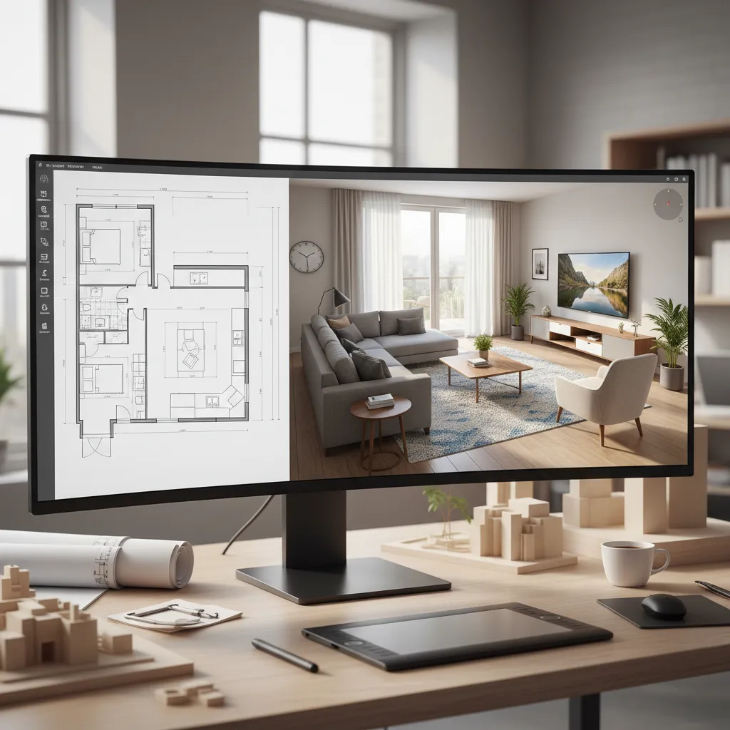 Interfaz de software de diseño interior mostrando plano 2D y vista 3D de una casa