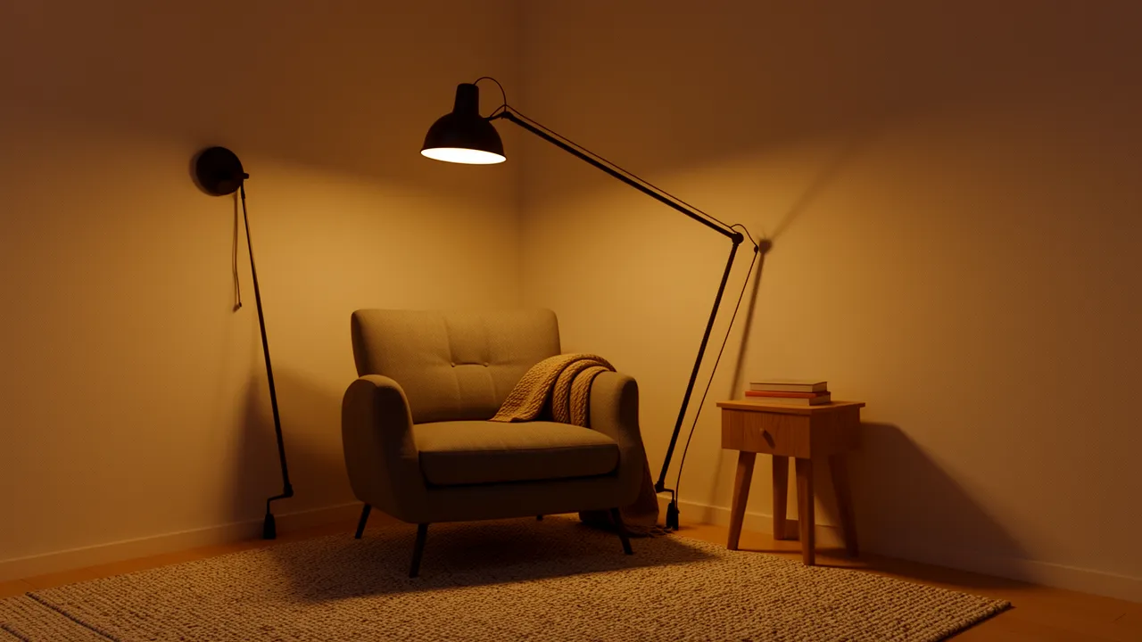 Adjustable swing arm industrial wall light beside a reading chair
