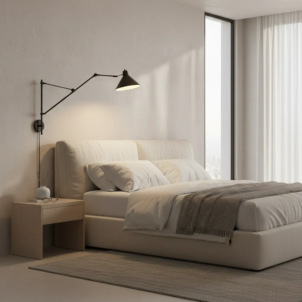 adjustable swing arm wall lamp installed beside a bed for reading