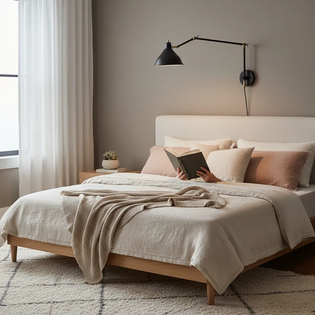 Adjustable swing arm wall reading lamp extended over a bed for focused light
