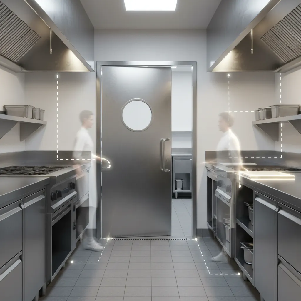 Commercial swing kitchen door opening into narrow restaurant kitchen aisle