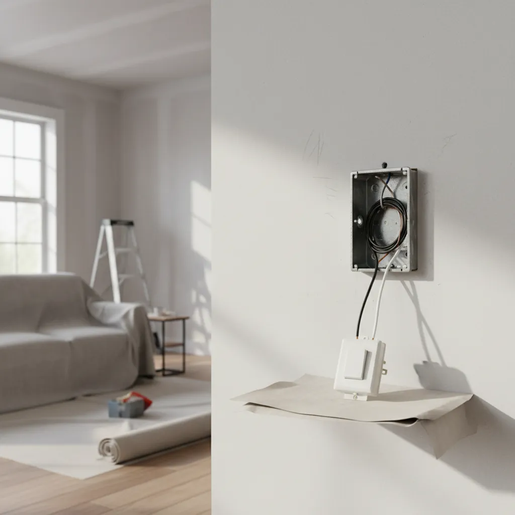 Open wall switch box showing hot wires and switch connections