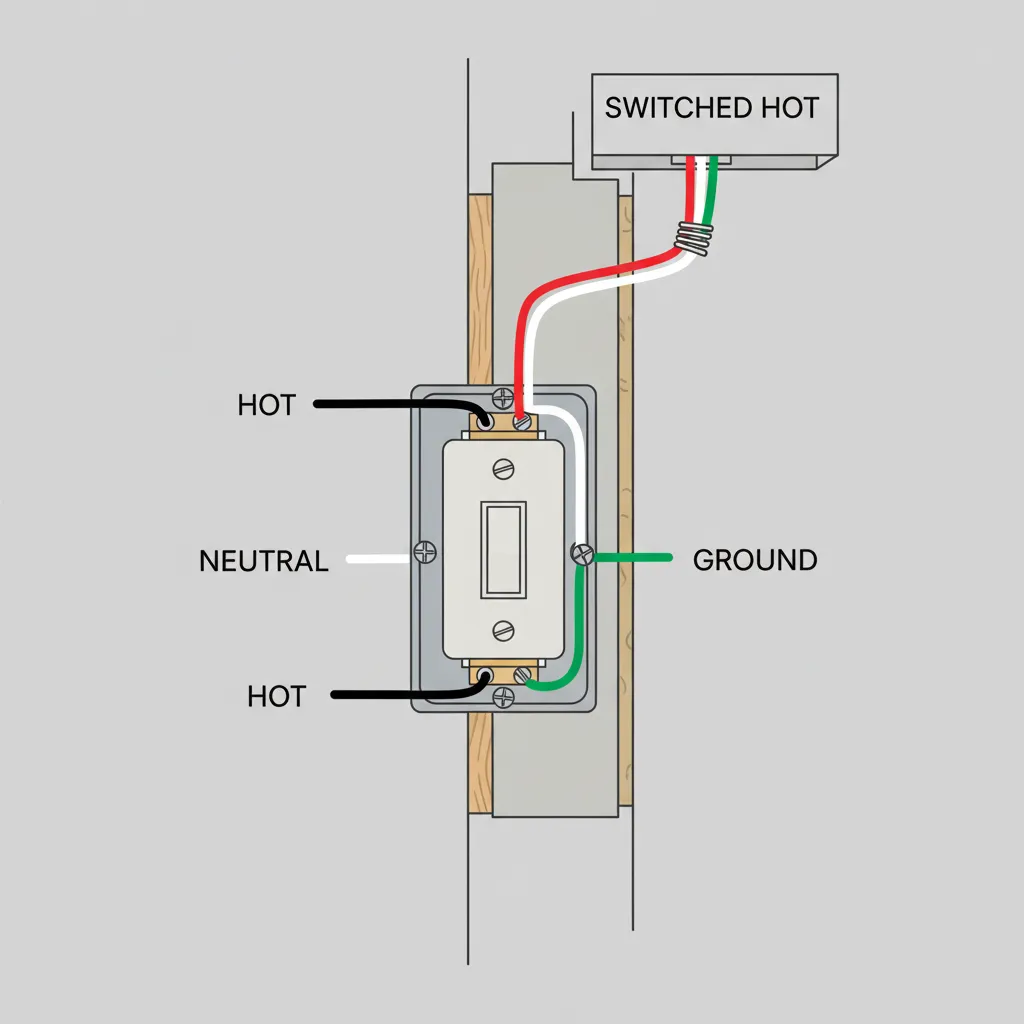 diagram showing constant hot neutral and switched hot wiring inside a switch box