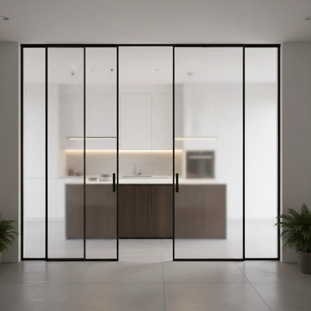 Switchable smart glass kitchen door changing from transparent to frosted