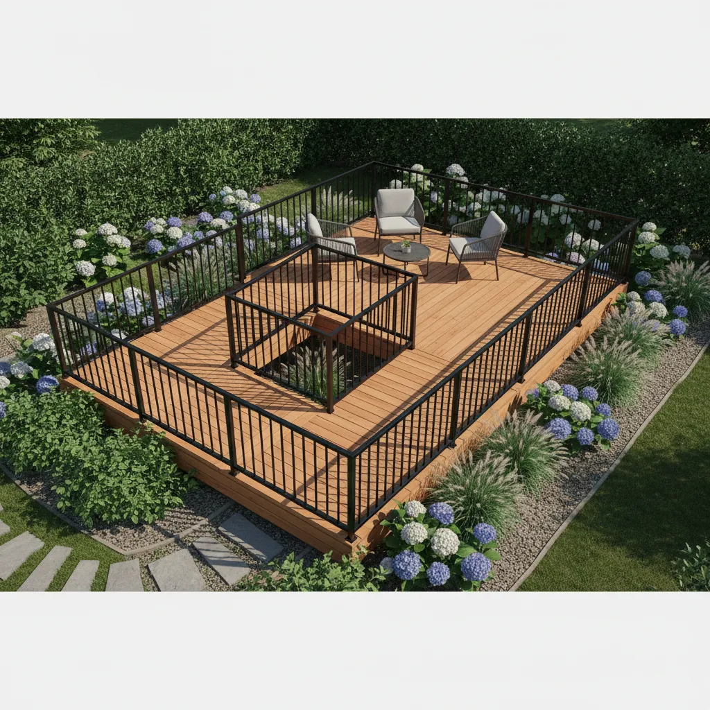 Backyard deck with compact switchback ramp design and landing platform