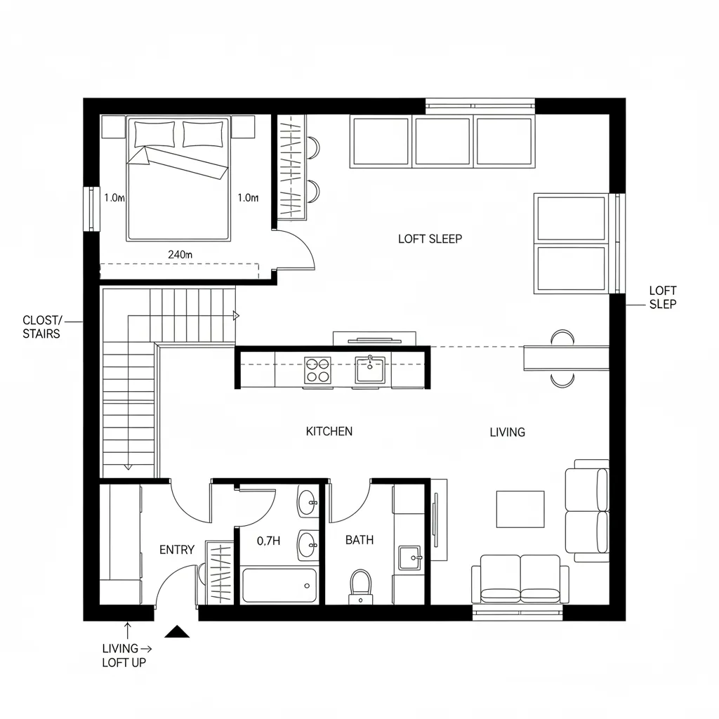 Top-down CAD plan with switchback stair loft over kitchen and bath