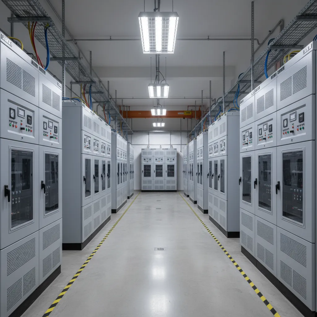Industrial switchgear room with large electrical cabinets and maintenance aisles