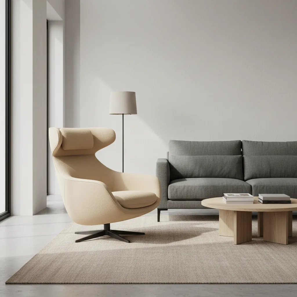 Modern living room with a beige swivel chair gray sofa wooden coffee table and floor lamp