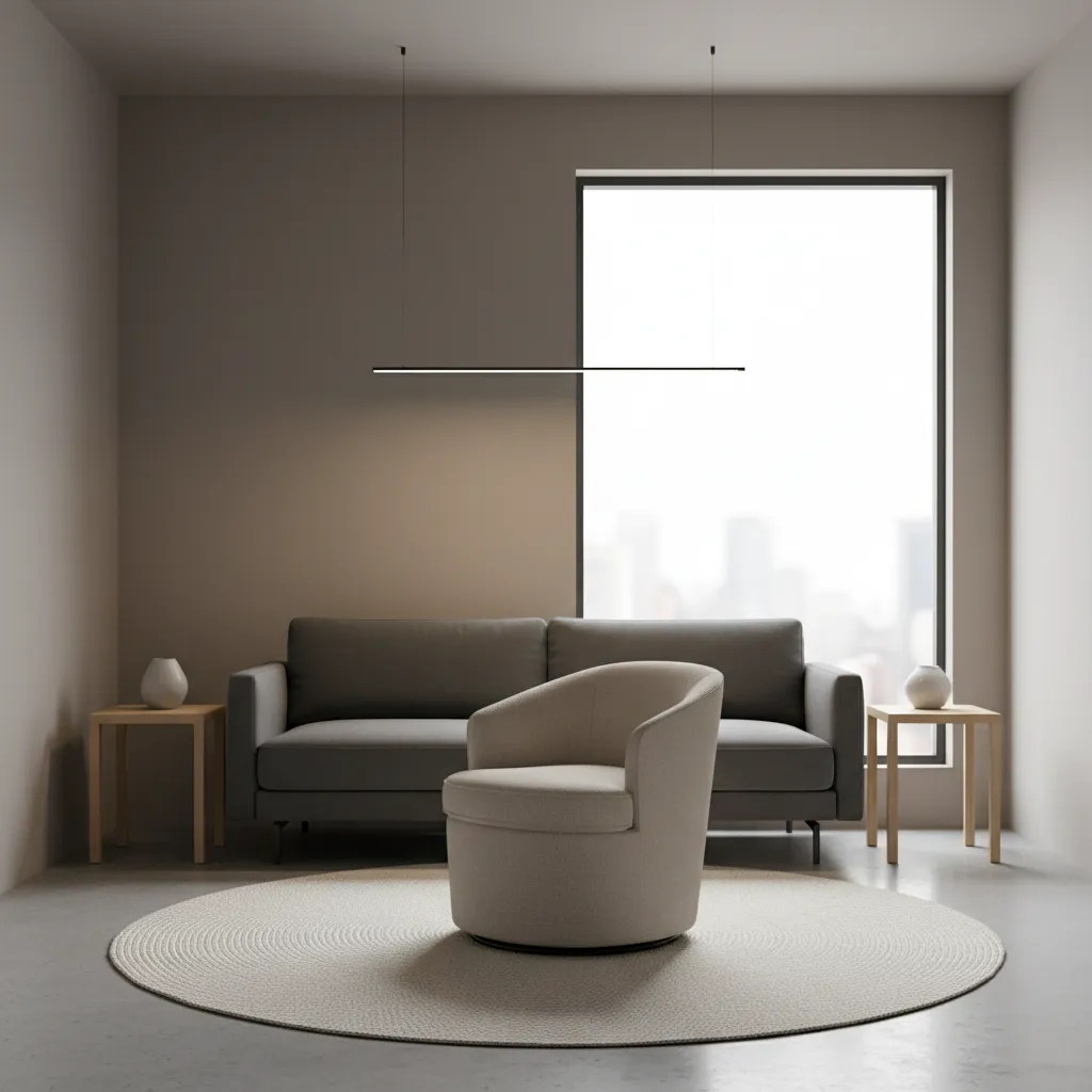 diagram style view of compact swivel chair dimensions in small living room