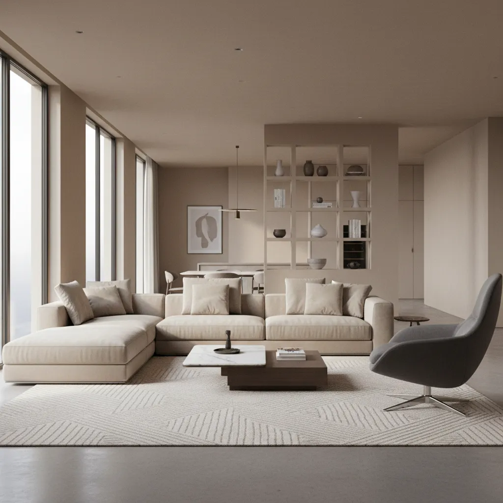 Modern swivel accent chair placed within a balanced living room seating layout