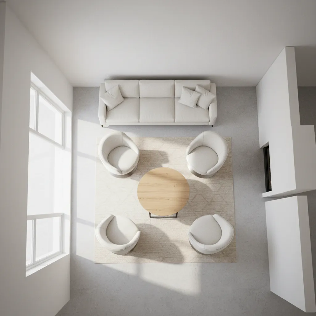 Living room layout showing proper spacing between swivel chairs and coffee table