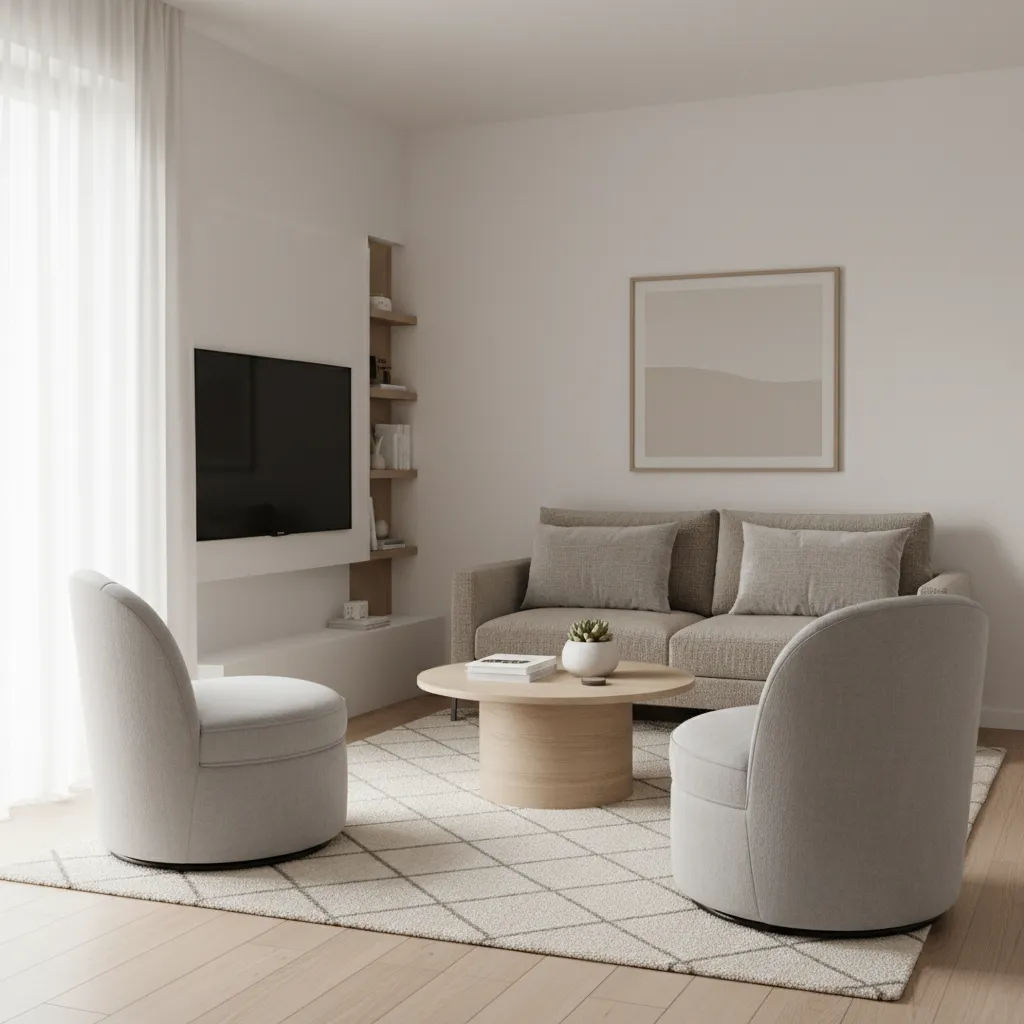 Two swivel chairs rotating toward TV in a small living room