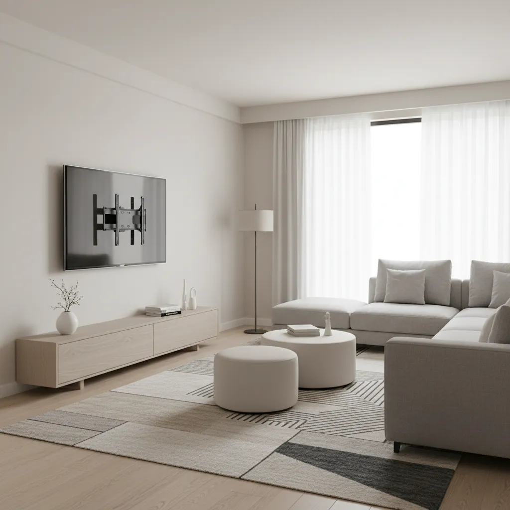 Wall mounted TV on swivel mount angled toward seating