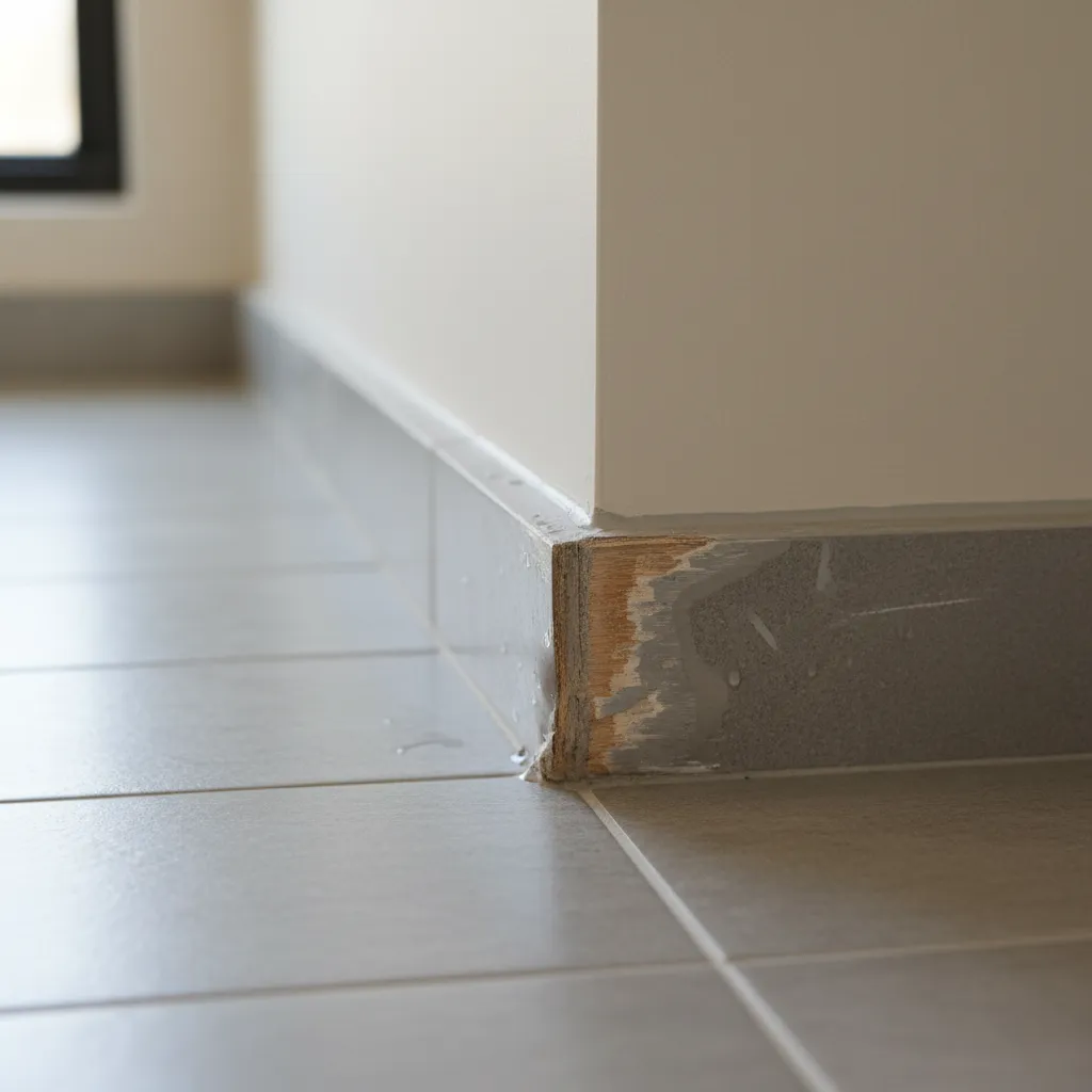 warped bathroom baseboard caused by moisture absorption