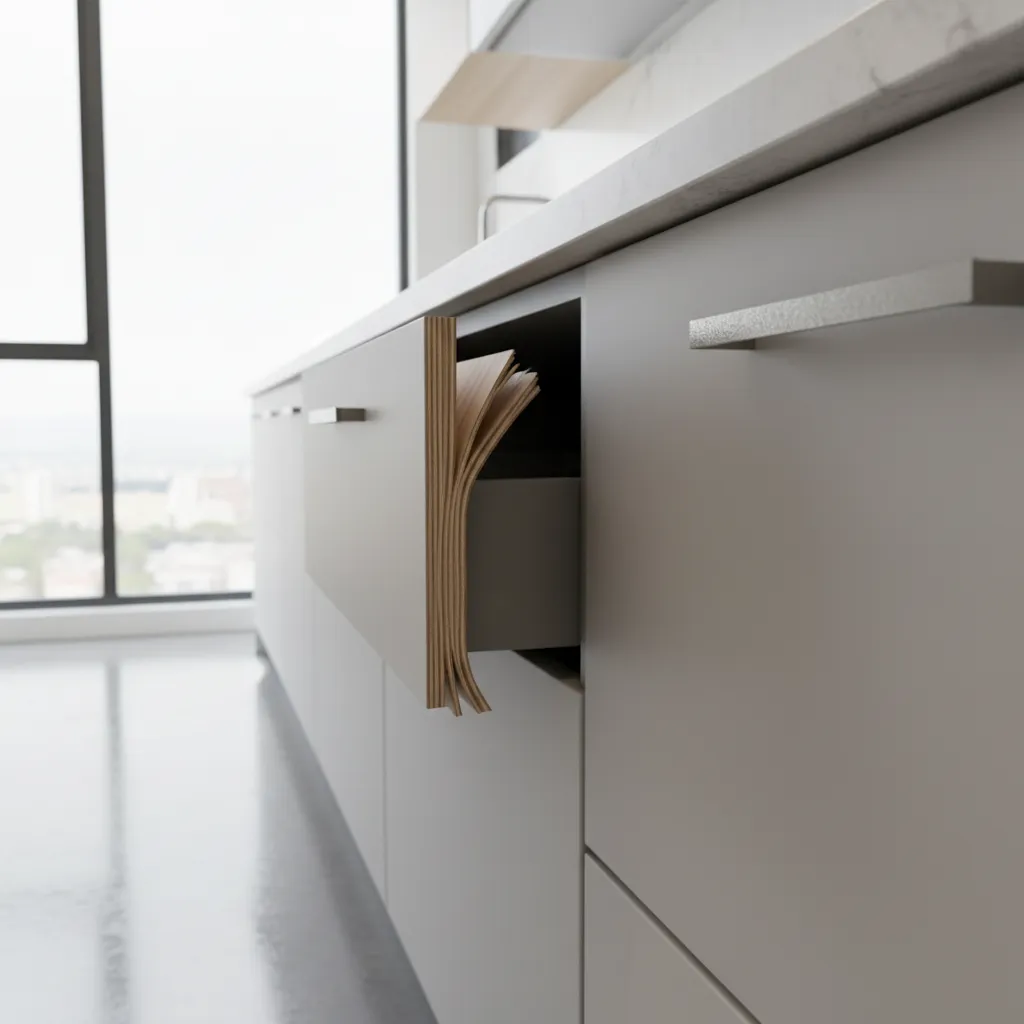 Kitchen base cabinet with swollen plywood edges due to moisture