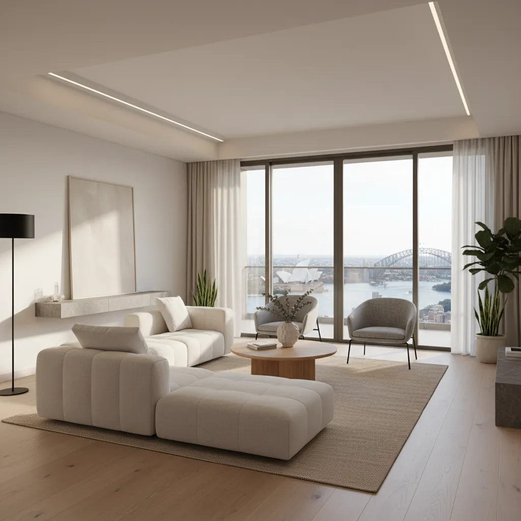 Diseño de sala de estar contemporánea en un apartamento de Sydney