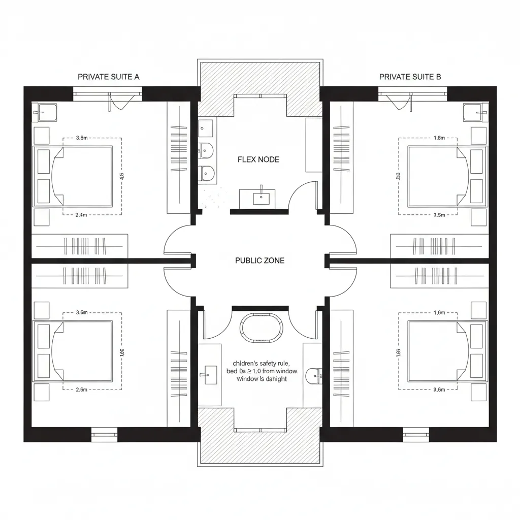 Symmetrical Bedroom Suite Pair with Shared Flex Node