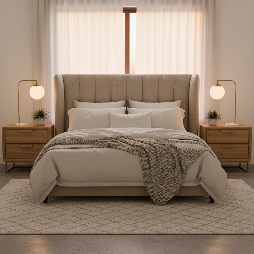 Symmetrical bedside setup with matching nightstands and reading lamps