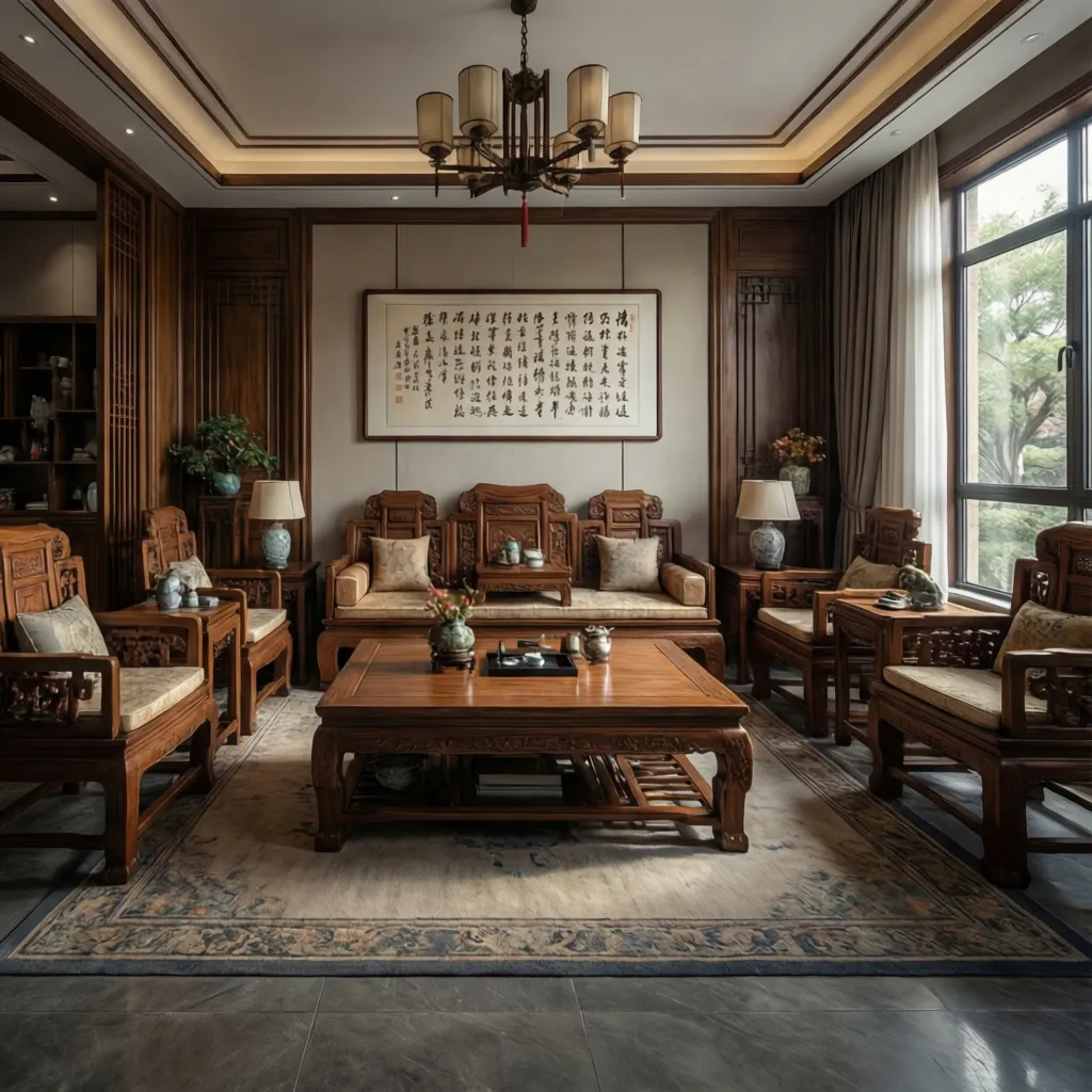 symmetrical Chinese living room furniture layout with central tea table and balanced seating