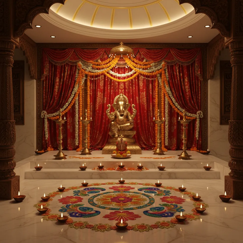 Symmetrical Diwali pooja altar with diyas and flower garlands