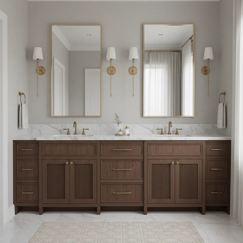 Symmetrical double vanity mirrors with wall sconces and marble countertop