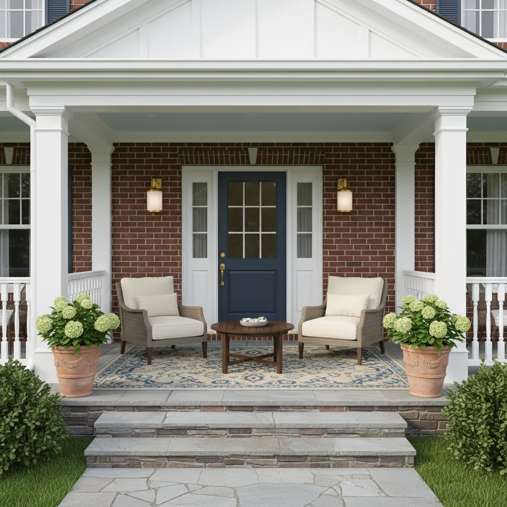 symmetrical entryway design with matching planters and lighting