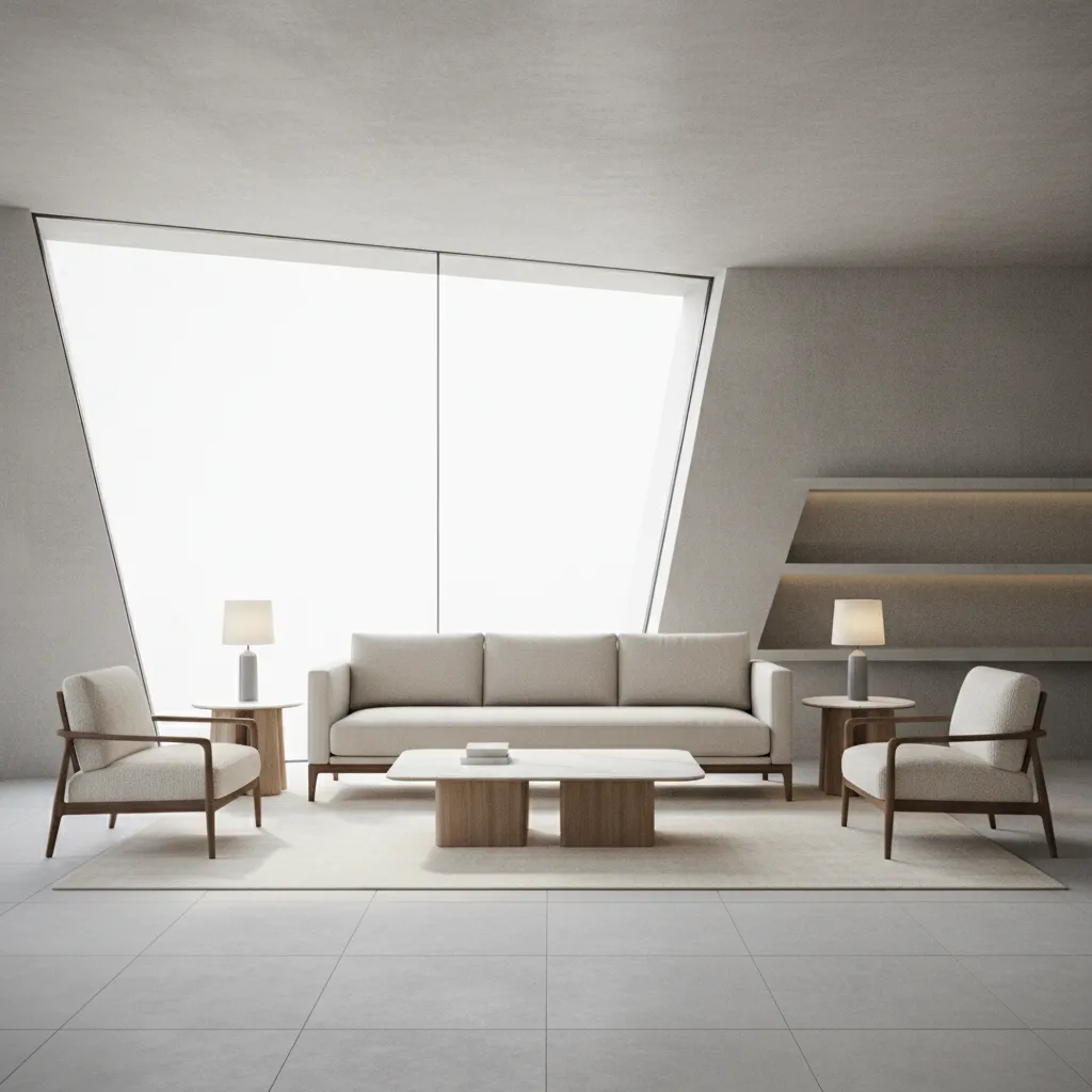 Symmetrical seating arrangement balancing an asymmetrical living room
