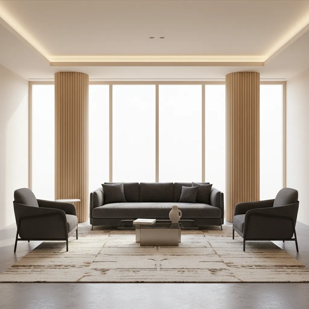 symmetrical sofa and chair arrangement aligned with interior pillars