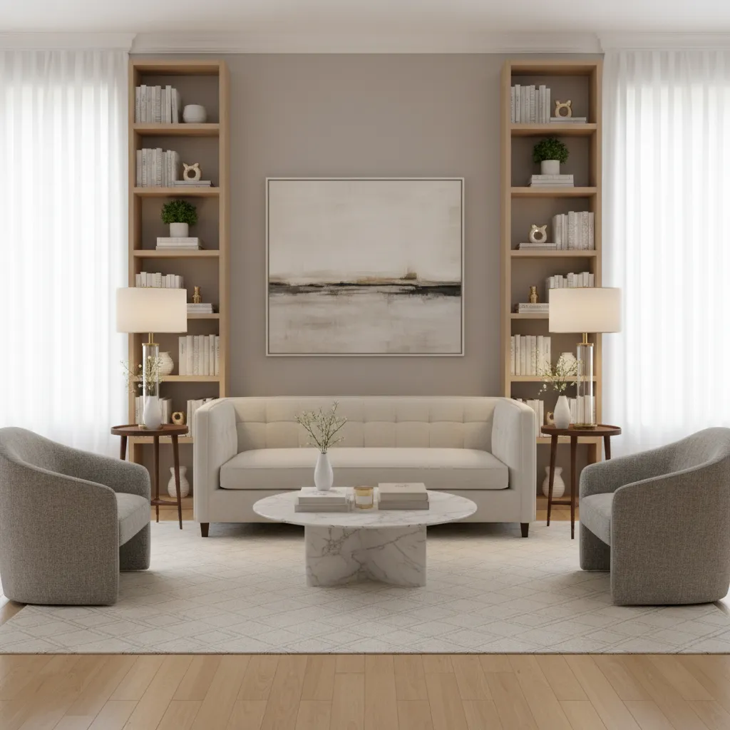 salón con equilibrio simétrico y dos lámparas a cada lado del sofá