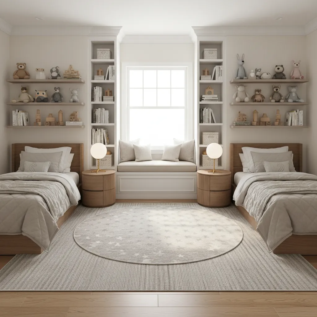 Symmetrical twin bed layout in a shared kids bedroom