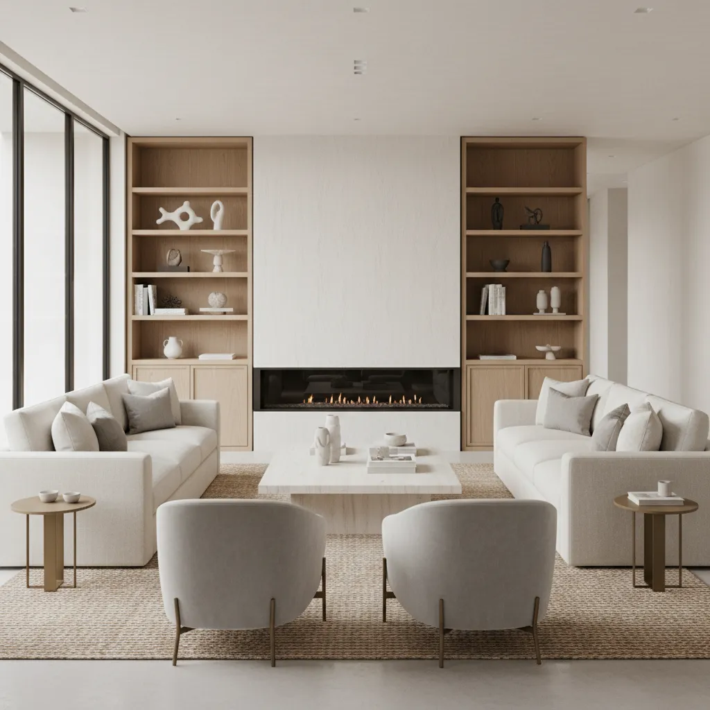 Symmetrical furniture layout with two sofas and chairs around a central coffee table
