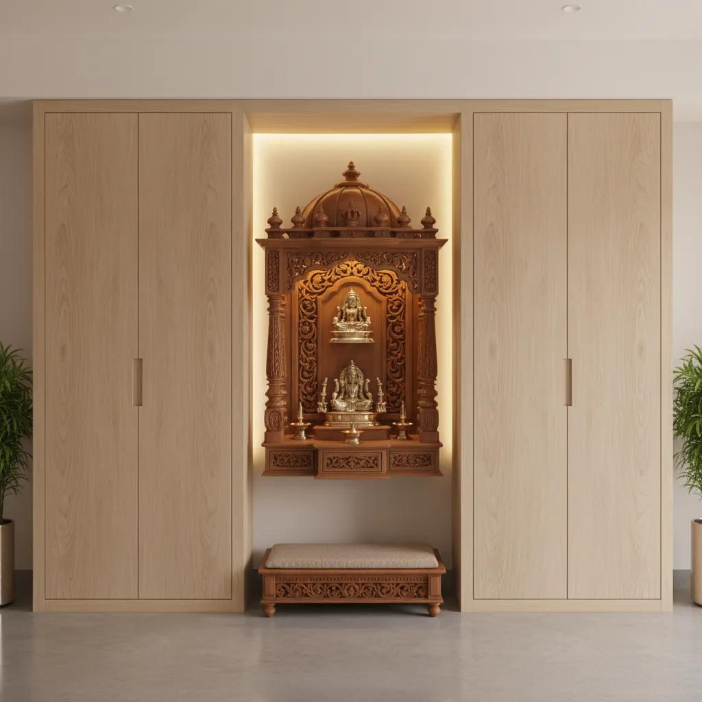 symmetrical wardrobe cabinets framing pooja mandir niche