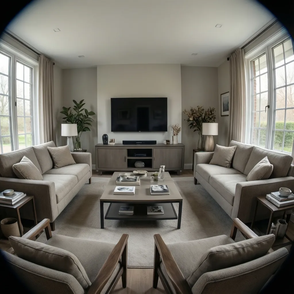 symmetrical sofa and chairs layout in rectangular living room