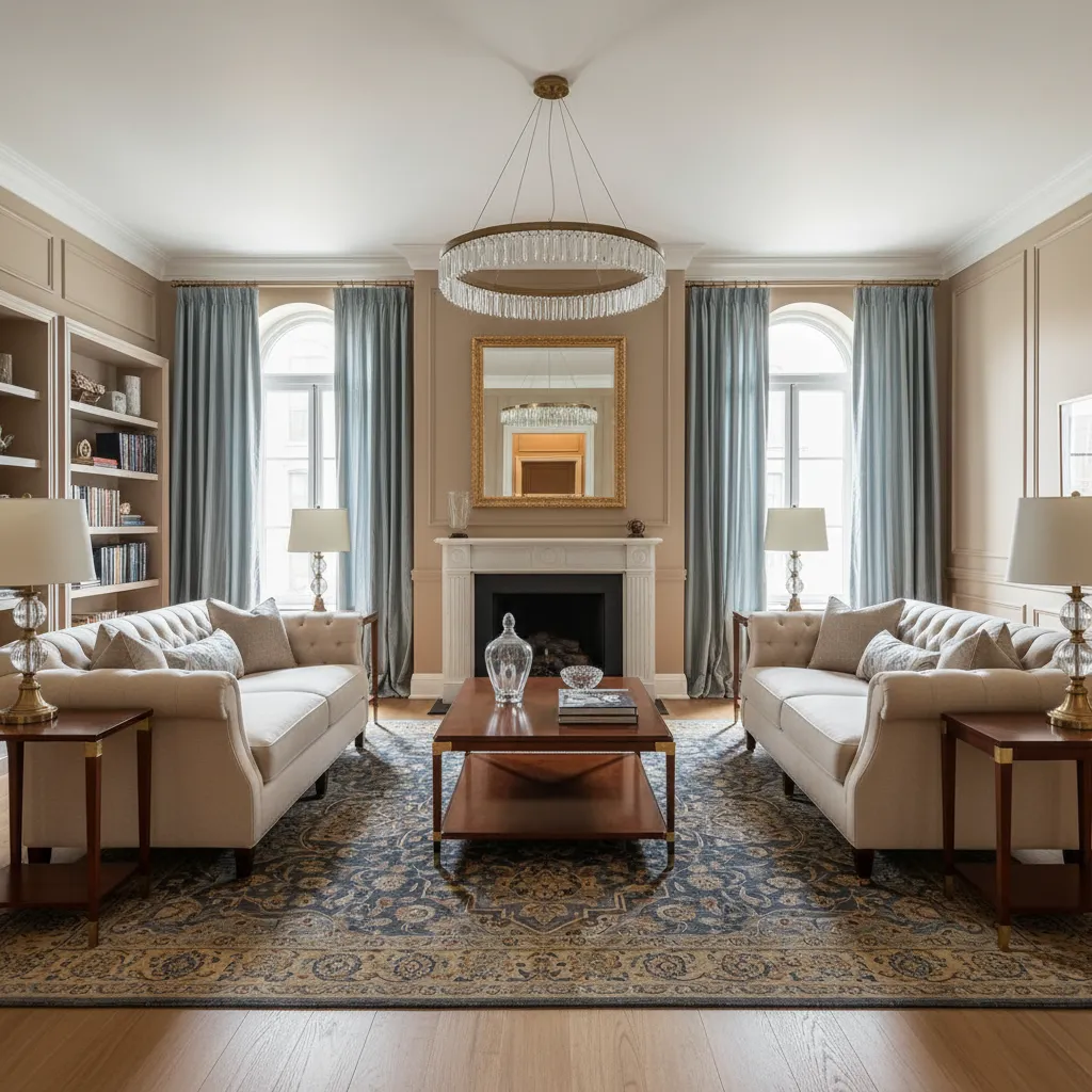 Elegant living room with two beige sofas coffee table fireplace blue curtains and ceiling light