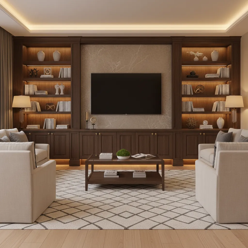 symmetrical TV wall with built in shelves and cabinets in living room
