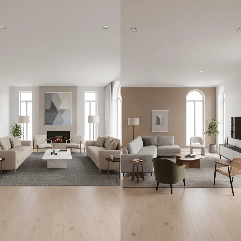 Comparison of symmetrical and asymmetrical living room furniture arrangements