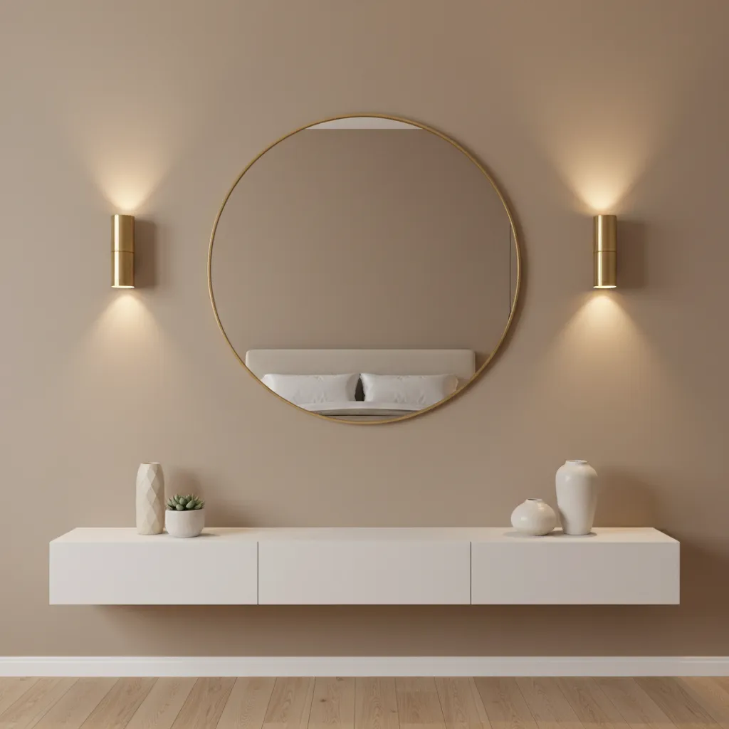 Symmetrical wall decor layout with two sconces and centered mirror