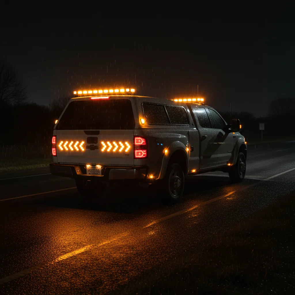 synchronized LED strobe lights on front and rear of utility truck