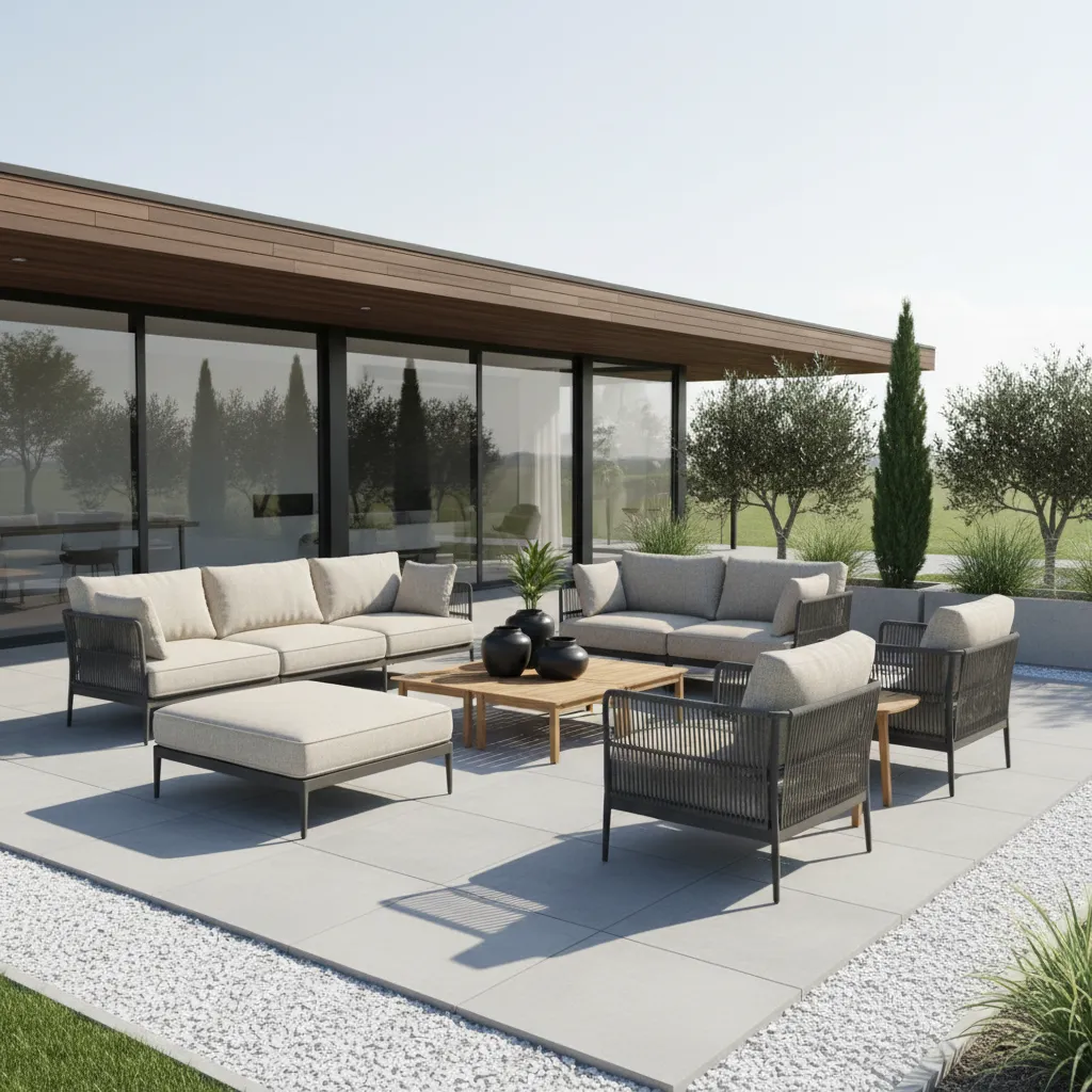 Synthetic outdoor fabric cushions arranged on patio seating