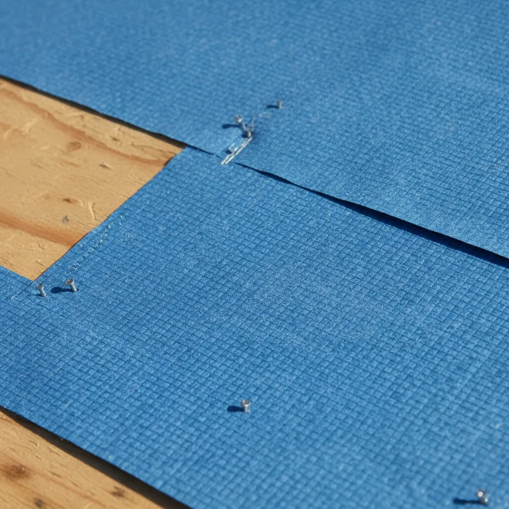 Close view of synthetic roofing underlayment sheet installed on roof deck