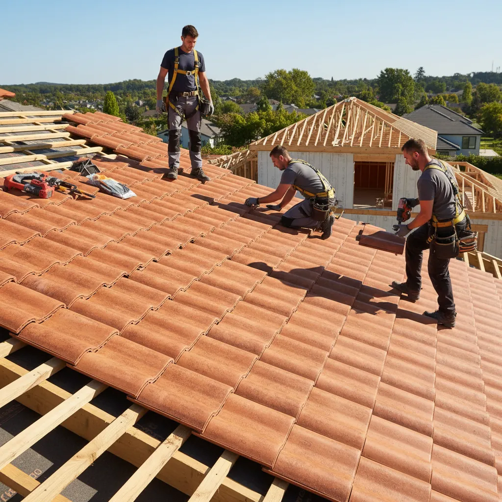 Professional installation of synthetic terracotta roof tiles on residential house