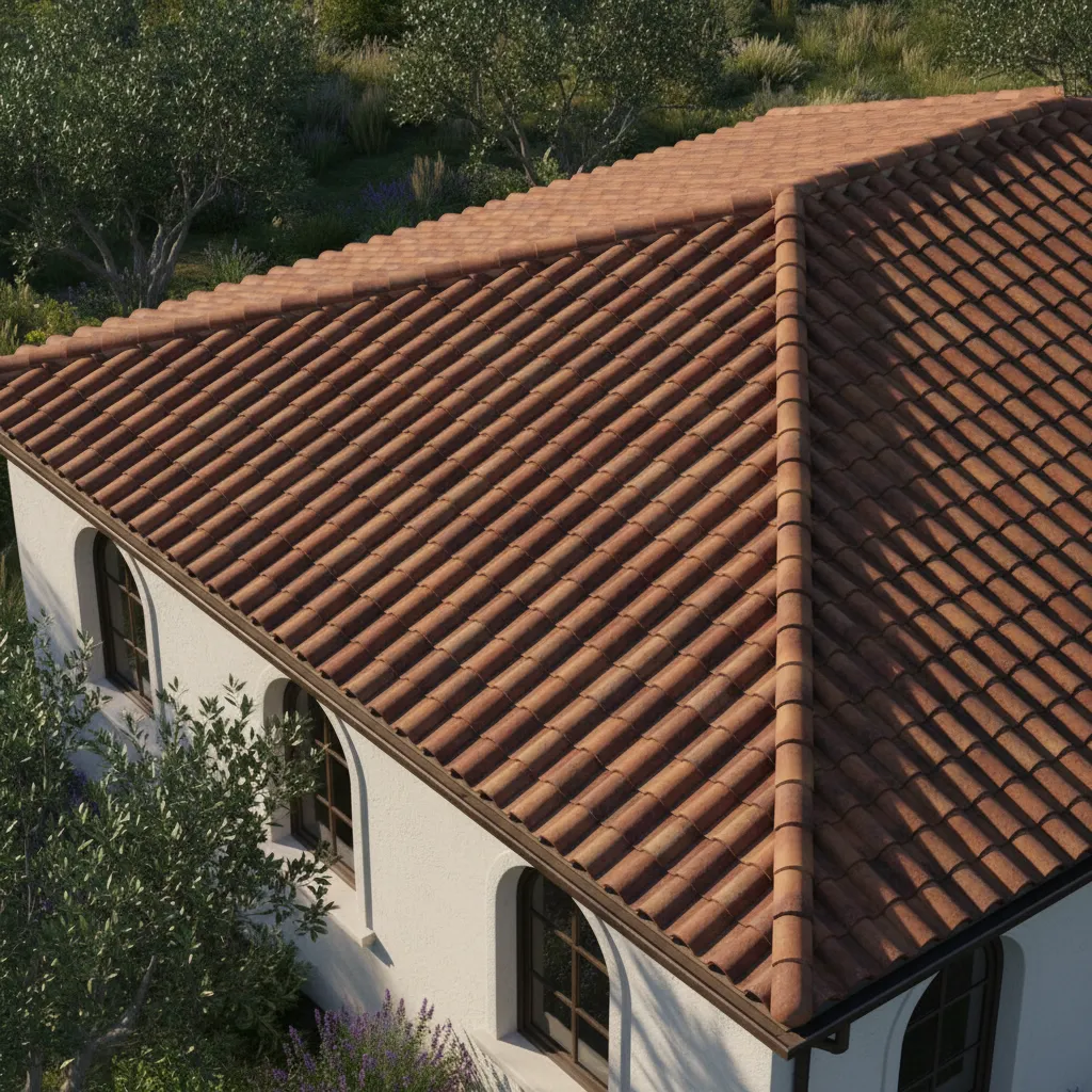 Residential roof with synthetic terracotta tiles installed in neat overlapping rows