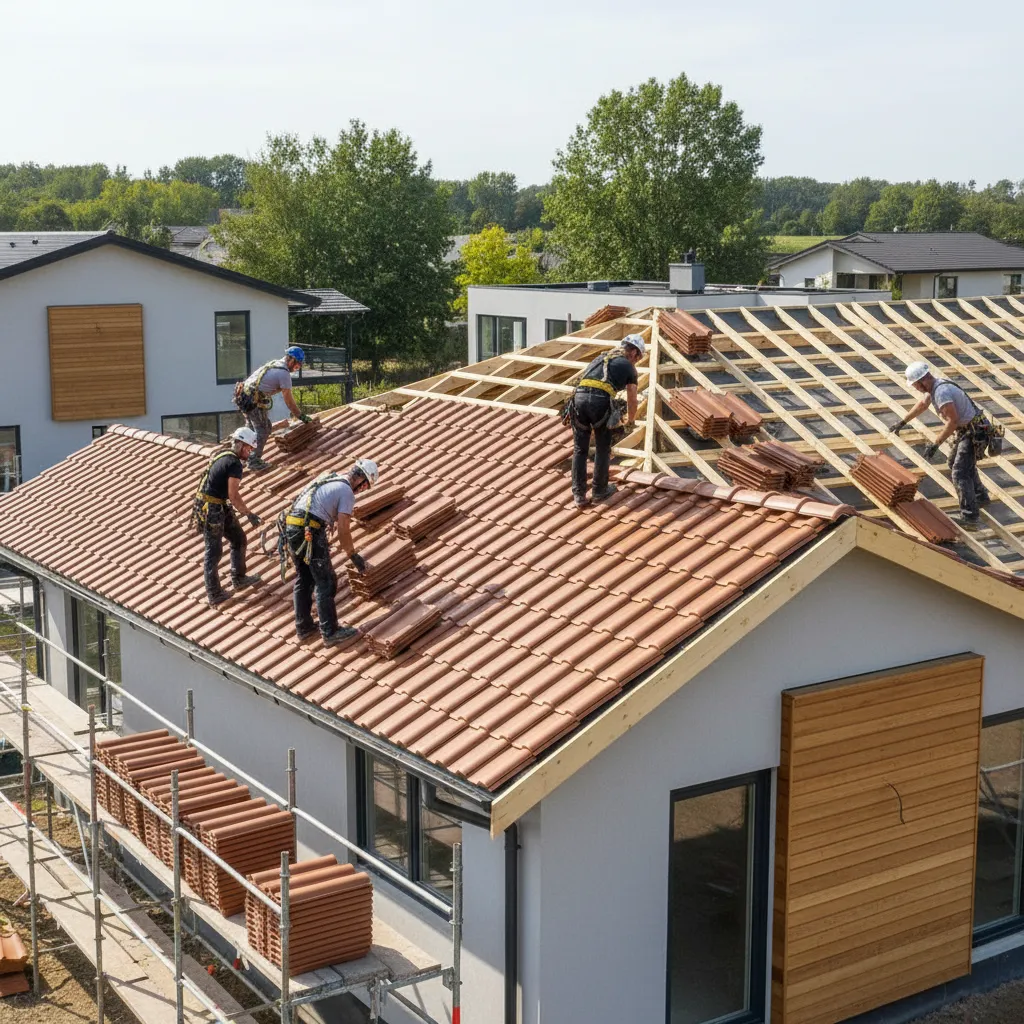 Lightweight synthetic terracotta roof tiles displayed during installation