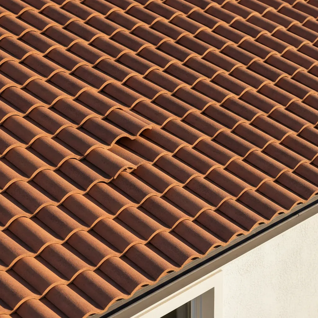Close view of high quality synthetic terracotta roof tiles on residential roof