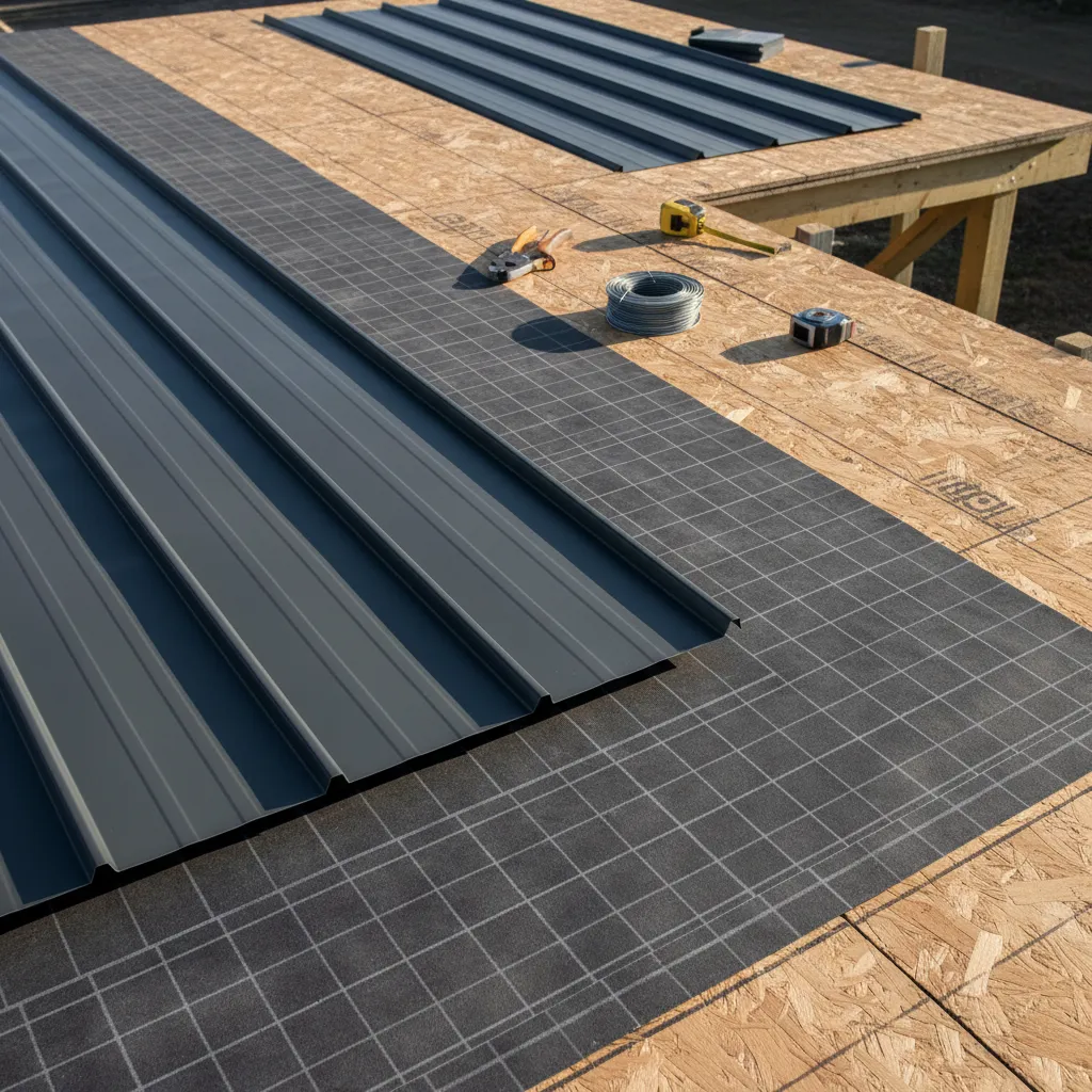 Synthetic breathable underlayment installed beneath metal roofing panels
