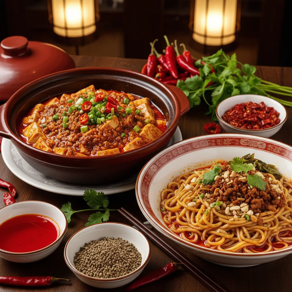 Table full of Sichuan dishes with chili oil and peppercorns